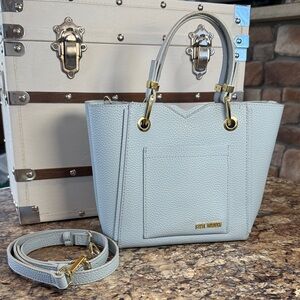 Steve Madden Light Blue Pebbled Leather Shoulder Tote with Gold Hardware